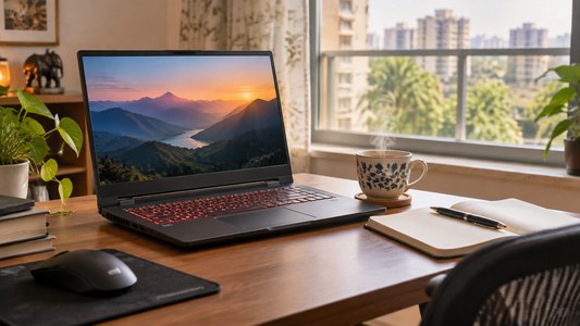 Gaming laptop on rent in Pune on a desk in an apartment - monthly laptop rental from Rentux