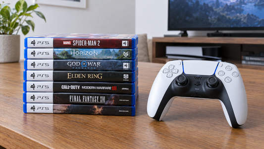 PlayStation game cases beside a white controller on a table