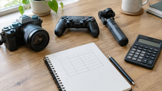 Camera, game controller, phone gimbal, calculator and notebook with a table sketch on a wooden desk