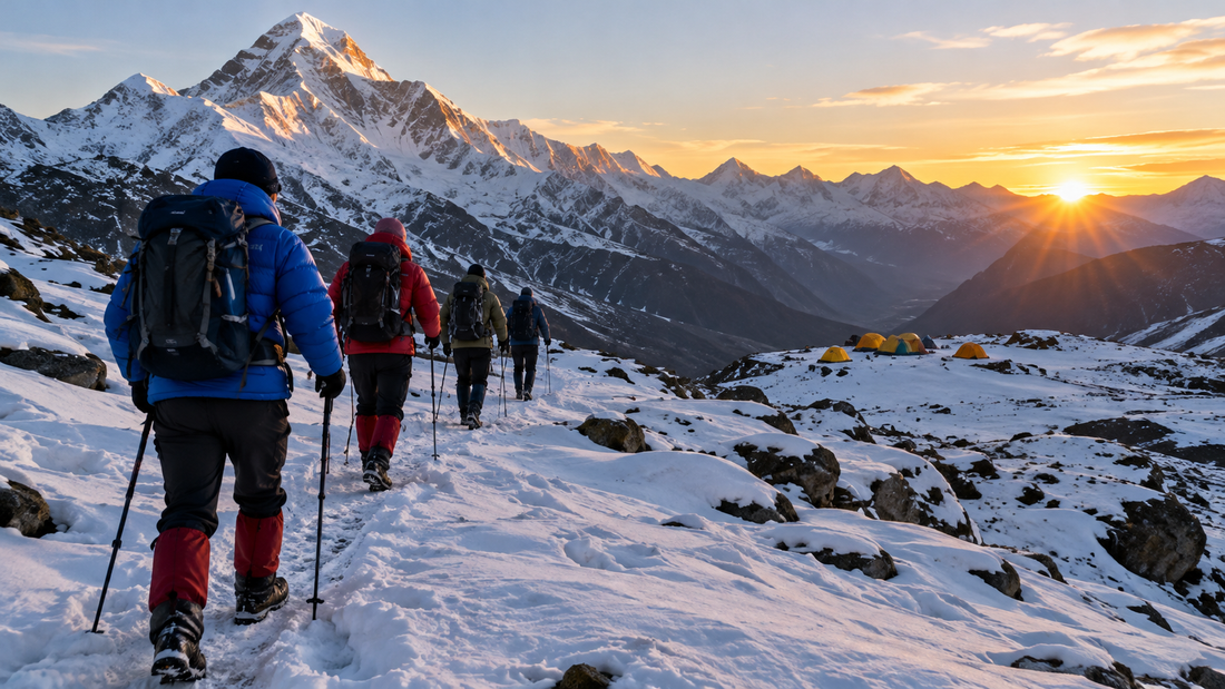 Trekkers in down jackets and gaiters walking a snowy Himalayan trail at sunrise