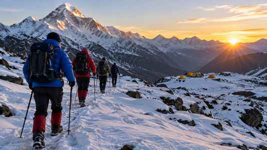Trekkers in down jackets and gaiters walking a snowy Himalayan trail at sunrise