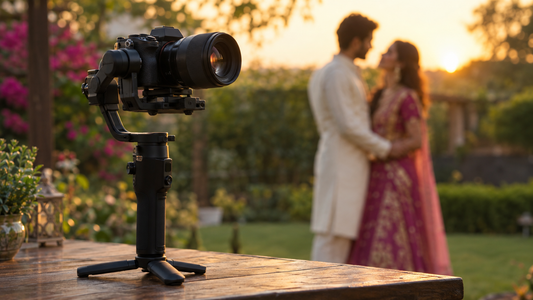 Mirrorless camera with an 85mm lens on a gimbal with a couple softly blurred in a garden at golden hour