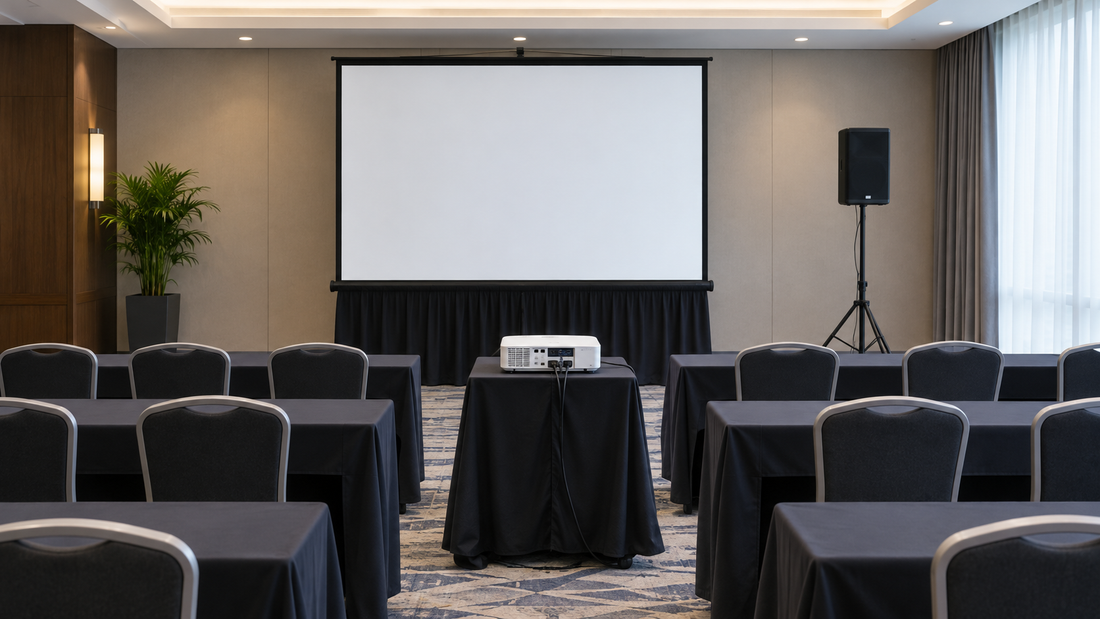Conference room with a projector, screen and speaker set up for a presentation