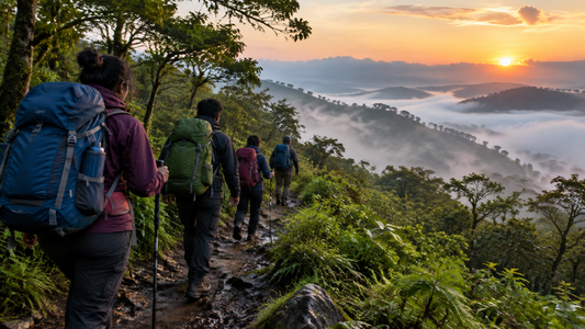 Trekkers with backpacks on a misty forested Western Ghats trail near Bengaluru