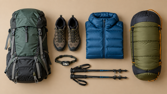 Trekking gear on rent in Pune - backpack, trekking shoes, down jacket, sleeping bag and poles