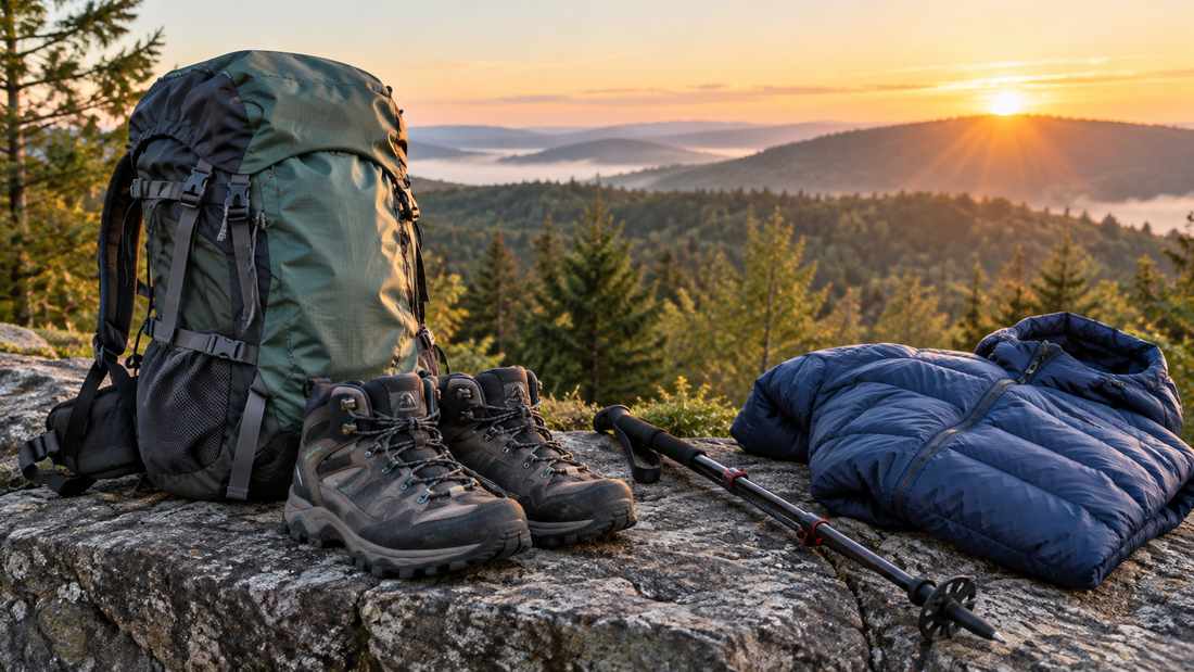 Backpack, trekking shoes, pole and down jacket on a rock ledge at sunrise above forested hills