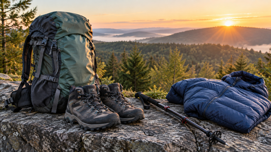Backpack, trekking shoes, pole and down jacket on a rock ledge at sunrise above forested hills
