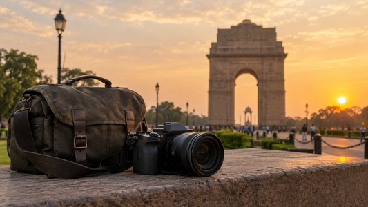 Mirrorless camera and camera bag on a stone ledge in front of India Gate in Delhi at sunset