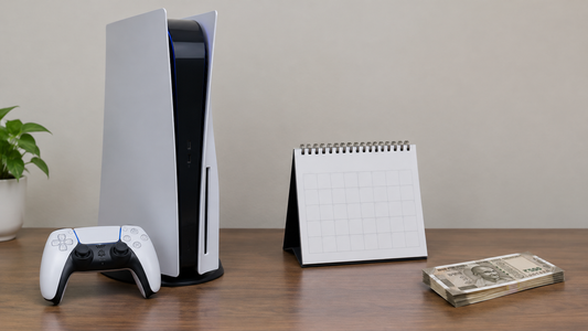 PS5 console and controller beside a desk calendar and a stack of rupee notes