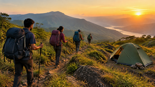 Trekkers with backpacks and poles on a South Indian hill trail with a tent nearby