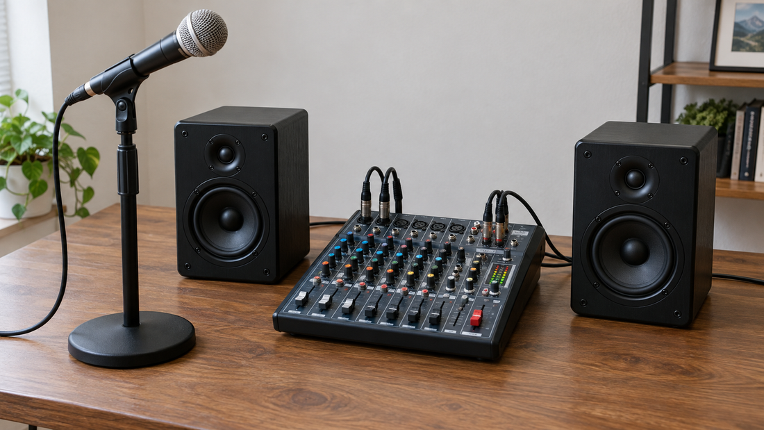Microphone on a stand beside a mixer and speakers