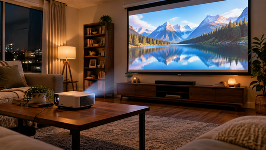 Projector on rent in Pune - home theater projector with screen in a living room setup