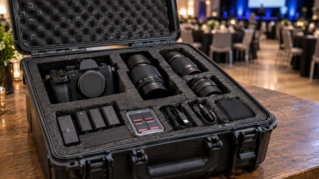 Open case with camera body, lenses, spare batteries, memory cards and cables arranged in foam
