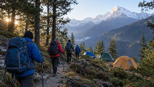 Trekkers on a Himalayan pine forest trail with tents at a campsite