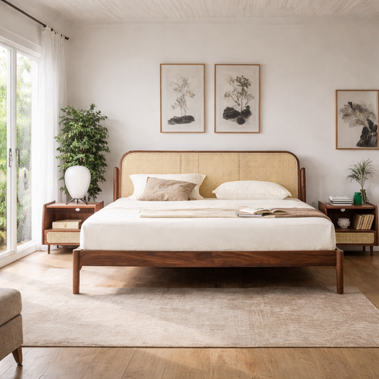 Eburnean Solid Wood Rattan Bed Furniture on Rent - Rentux